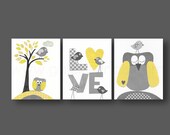 Nursery art, baby nursery decor, Kids, children art, kids wall art, yellow, gray, owl, bird, Tree, love, Set of three 8x10 prints