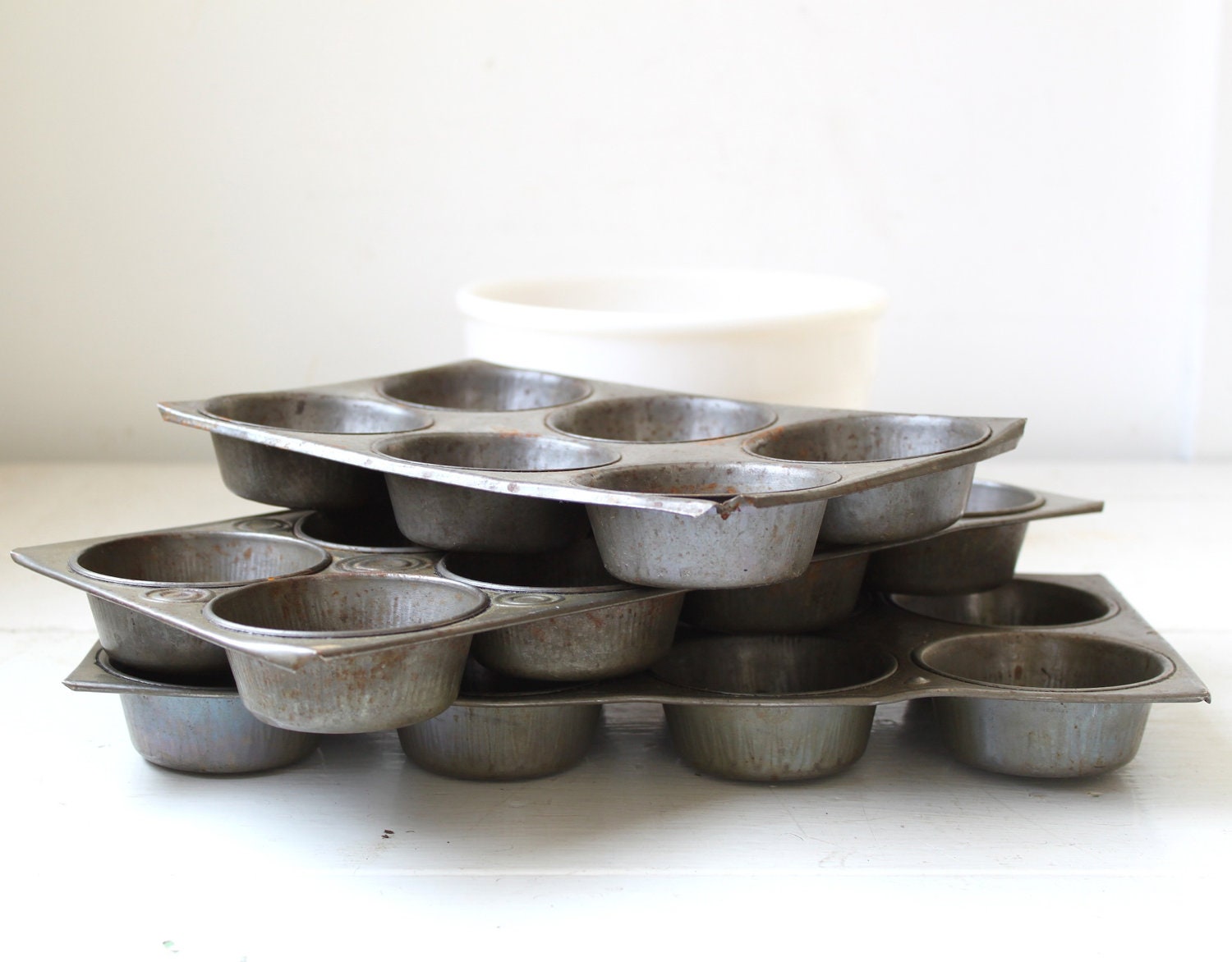 Cyber Monday SALE vintage 1910s muffin pans. Antique primitive tins, set of 3. Rustic farmhouse home decor /