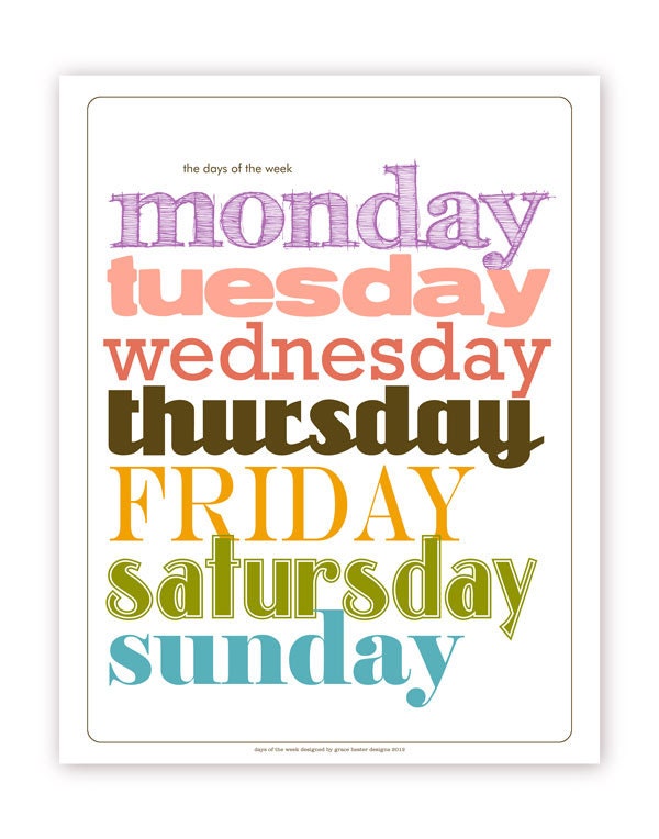 English Days of the Week Poster - 11 X 14