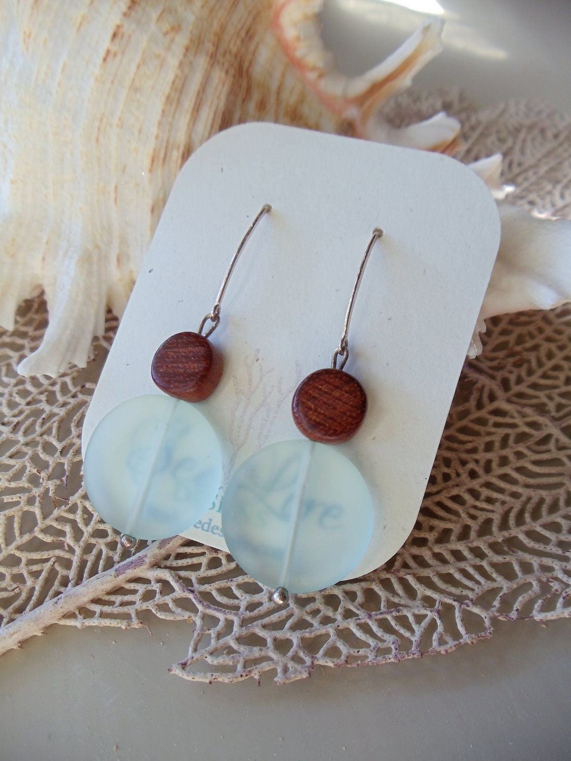 SEAFOAM Earrings, seaglass, wood, sterling silver, sea glass jewelry, mermaid