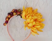 Yellow Orange Mum - Berries Headband / Autumn Harvest Fashion / Berries - Mum Flower / Orange - Gold / Fall Head Piece / OOAK