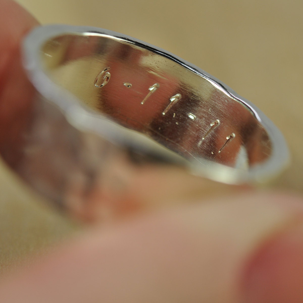 Personalized Silver Mens Ring Hammered Wedding Band Affordable Eco Friendly Engraved Date Initials SeaBabeJewelry