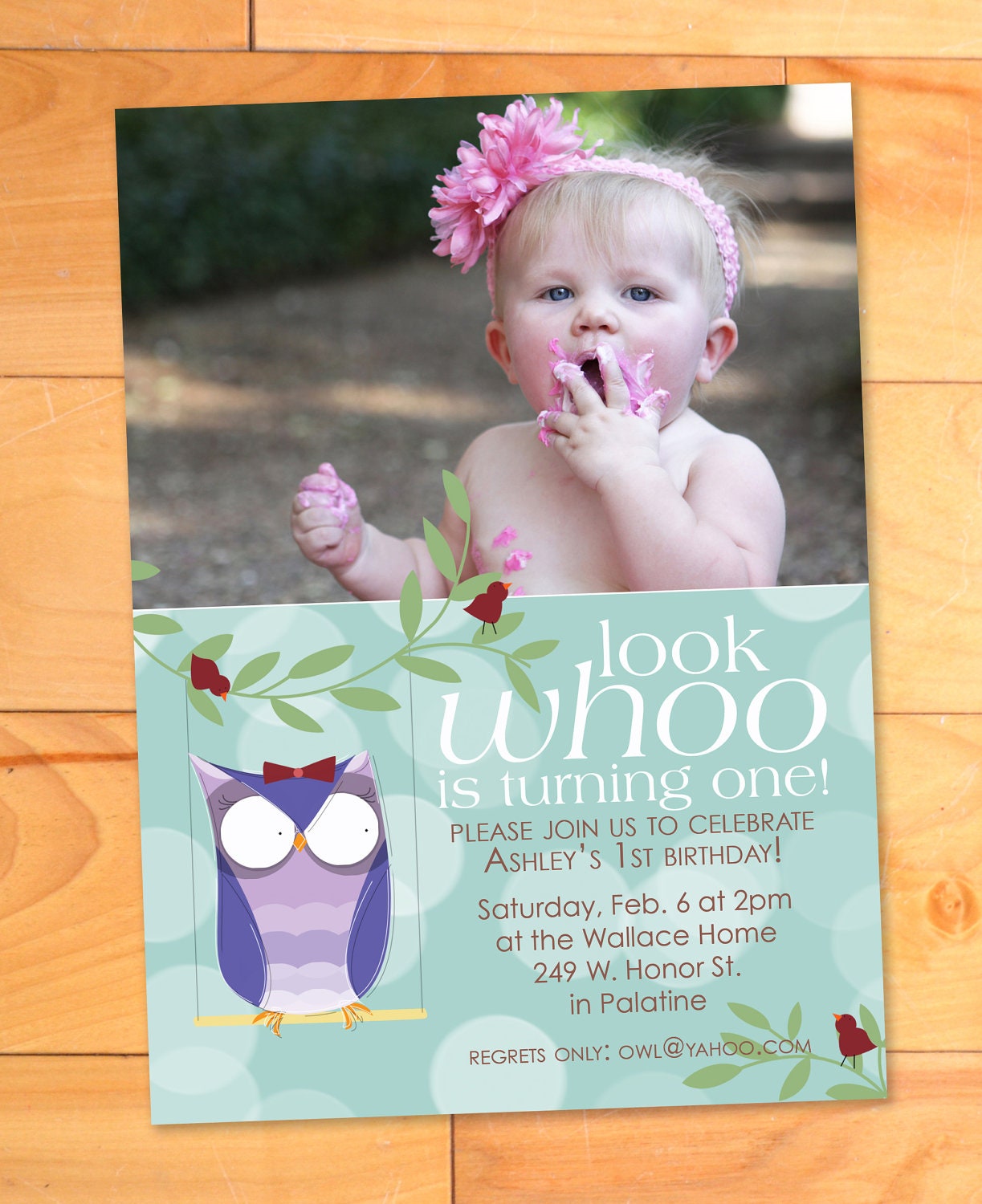 Owl Custom Birthday Invitation Photo Card, Custom Photo Card