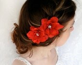 flame orange flower hair pins, autumn hair accessory, orange flower clip, rhinestone bobby pins
