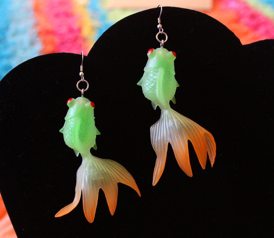 Glow in the Dark Psychedelic Fish Earrings - Green and Orange