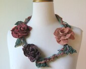 Felted Flower  Necklace Cherry Red, Bordeoux , Light Brown