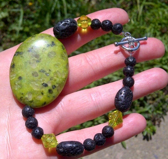 Healing Power Agate, Lava Rock, and Peridot Silver Ring and Toggle Bracelet