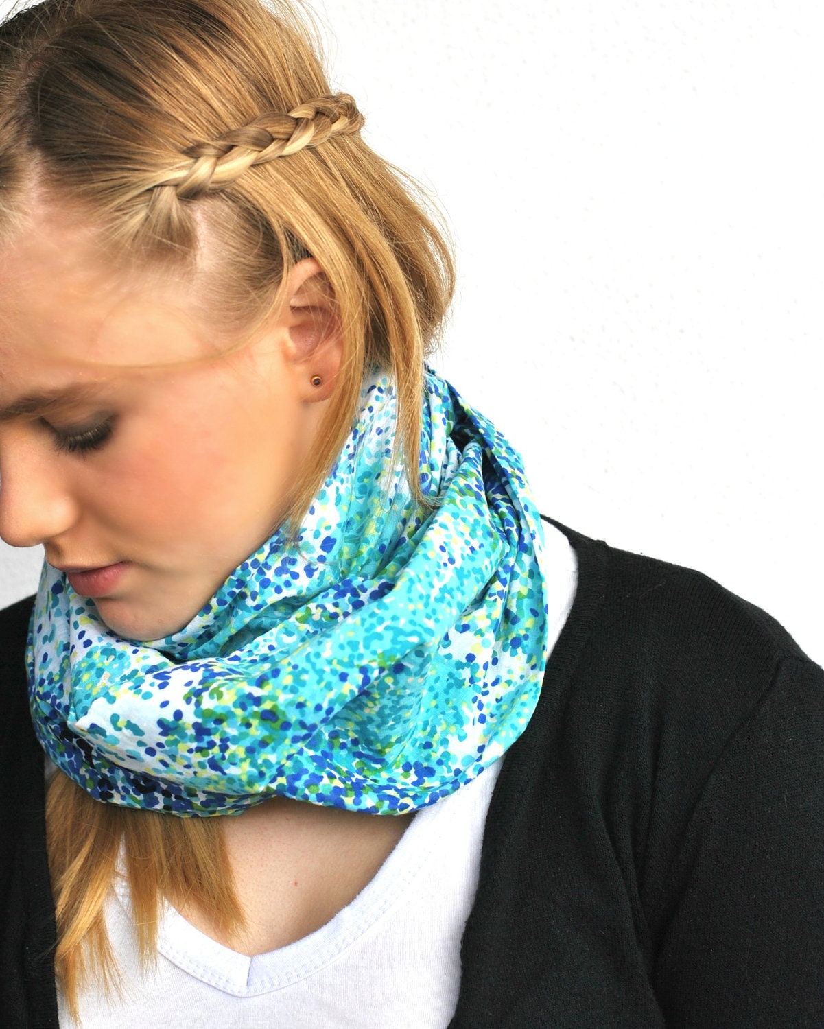 Soft Light loop tube INFINITY SCARF-in blue lime and white modern print cotton voile.