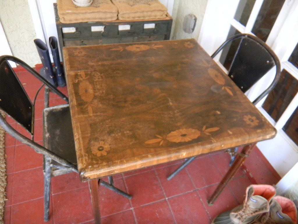 Vintage Wood and Metal Art Deco Folding Card Table