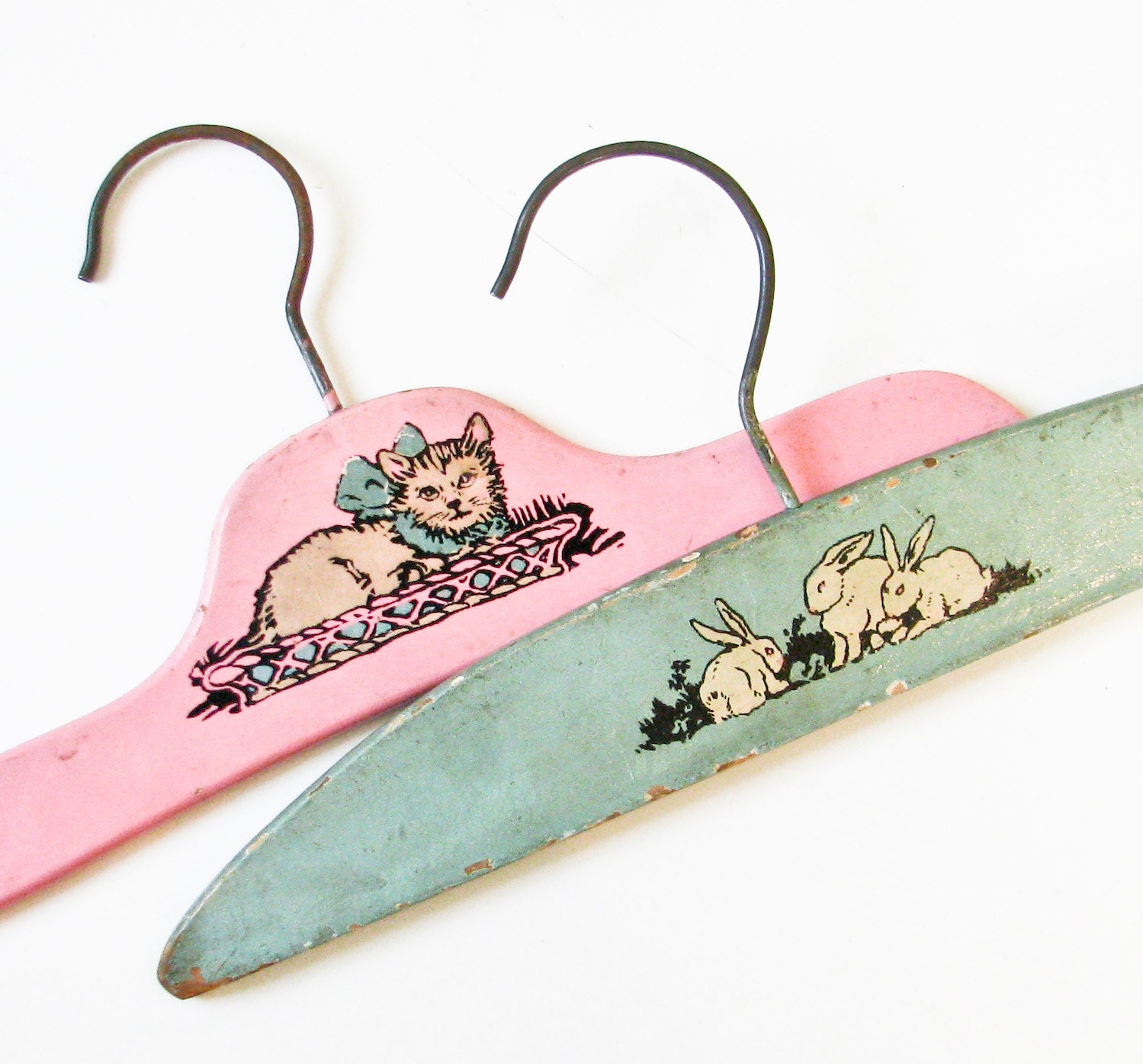 2 Vintage Child Hangers - Shades of Blue-Green and Pink - Cat and Rabbits