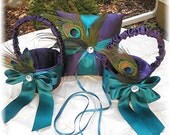 Wedding Two Flower Girl Baskets One Ring Bearer  Pillow  Teal Regency  PEACOCK Feathers  CUSTOMIZE
