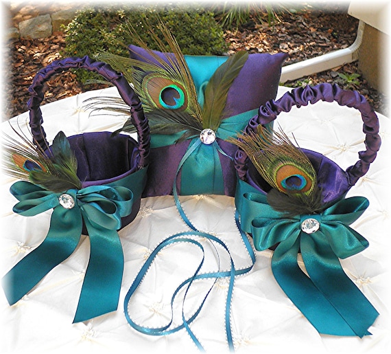 Wedding Two Flower Girl Baskets One Ring Bearer Pillow Teal Regency PEACOCK Feathers CUSTOMIZE