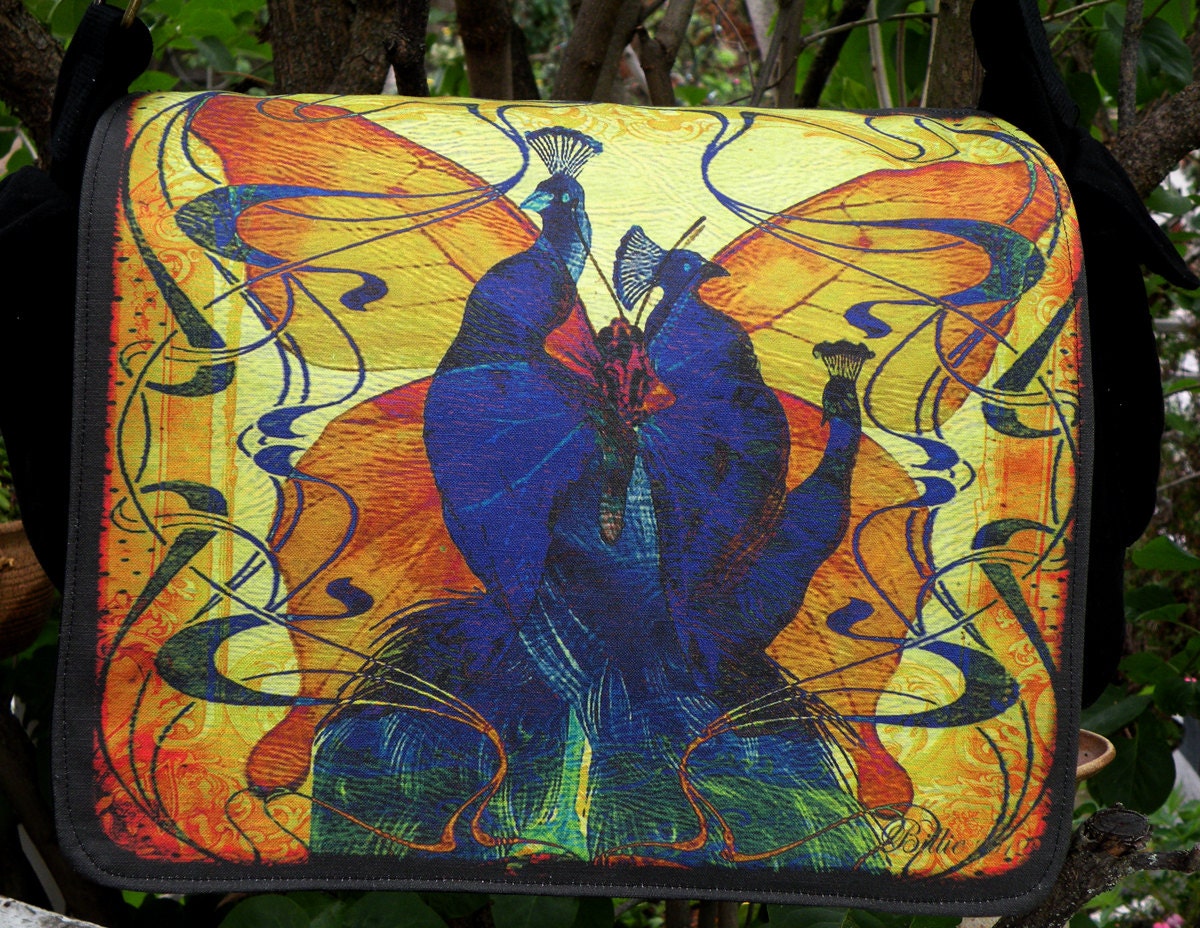 Laptop Bag - Peacocks Nouveaux  - Fiber Art - Messenger Bag - Fits 13" To 17" Laptop - Original Design