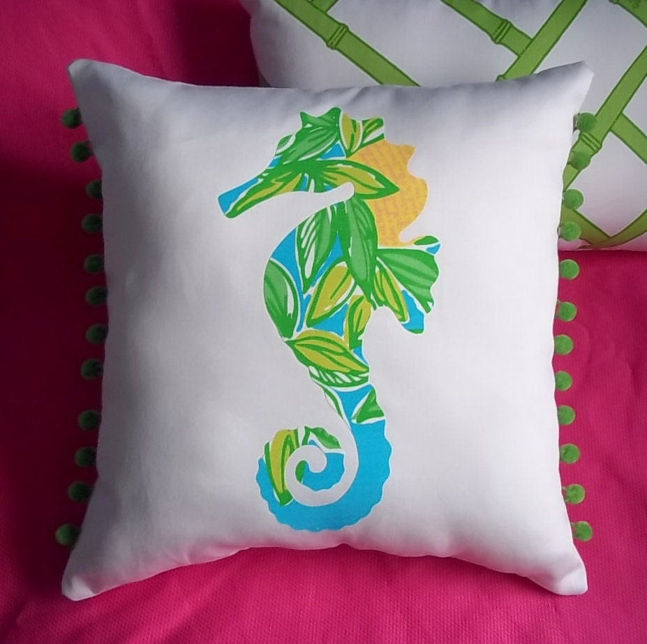 Made to Order pillow, New custom Seahorse Pillow made with Lilly Pulitzer 2010 Juice Stand fabric
