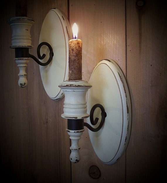 Vintage Pair Wood and Metal Wall Sconces Antique White by Sawdusty
