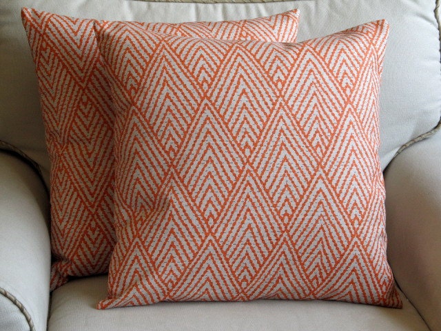 Ikat TANGERINE  on light TAN pillow covers 26x26 PAIR