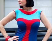 Red, Aqua & Blue Jersey Tank Top, Graphic Designer Fashion T-shirt, Boat Neck, Fitted Body, Cap Sleeve, Made in Australia.
