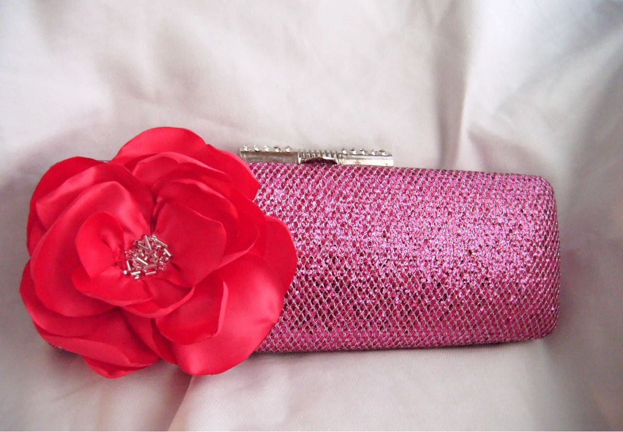 Hot Pink Glitter Clutch with silver and a satin flower - chain strap included - Hand Embellished Minaudiere party clutch