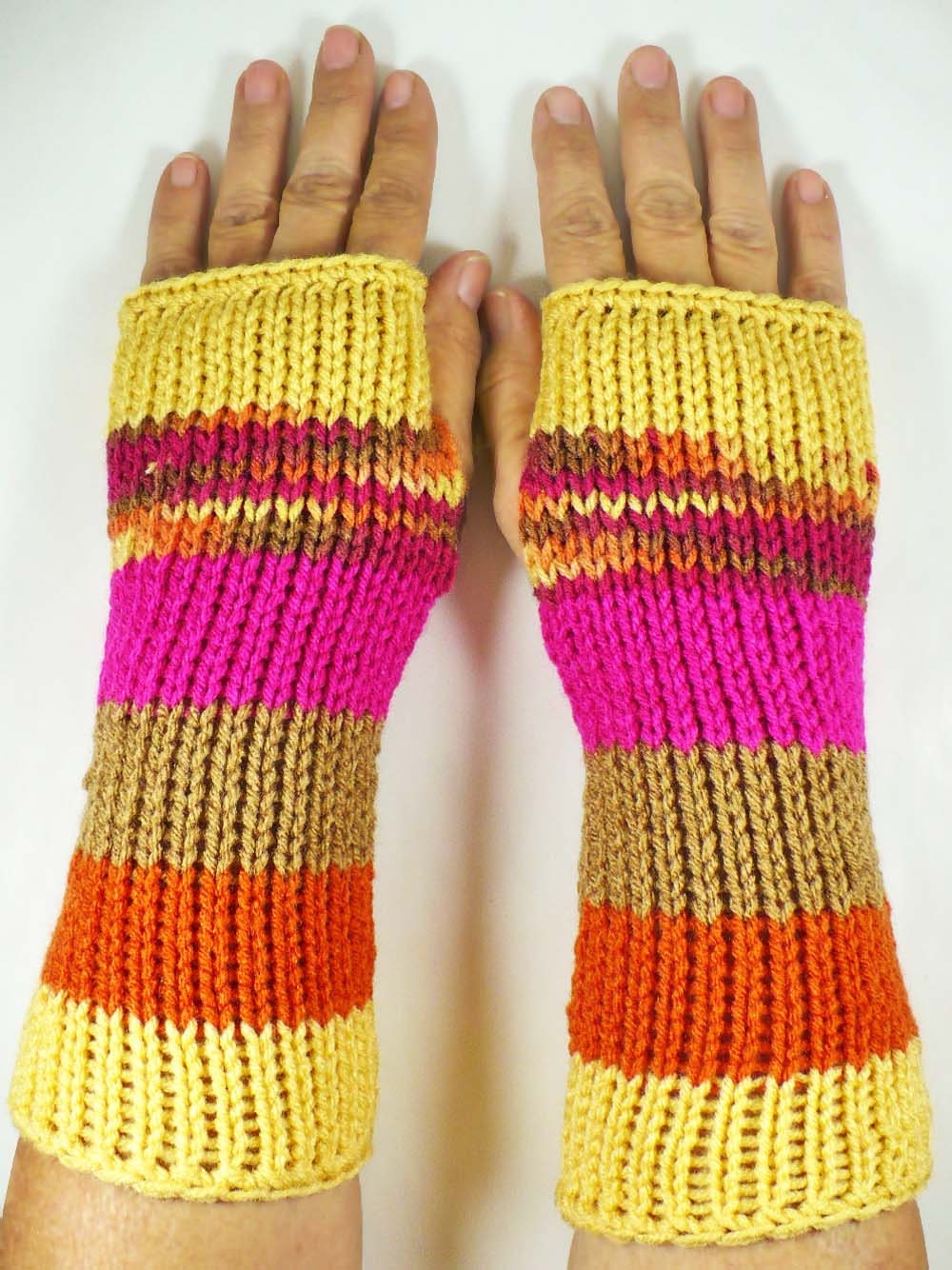 Knit Fingerless Gloves Knit Arm Warmers Knit Wrist Warmers Knit Hand Warmers Knit Fingerless Mittens Yellow Brown Fuchsia Orange - Nothingbutstring