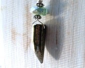 Pyrite Bullet Pendant - Tribal, Dagger, Talon Necklace - Mystic Green Chrysoprase Faceted Bead - Unisex - Gunmetal Double Strand Chain