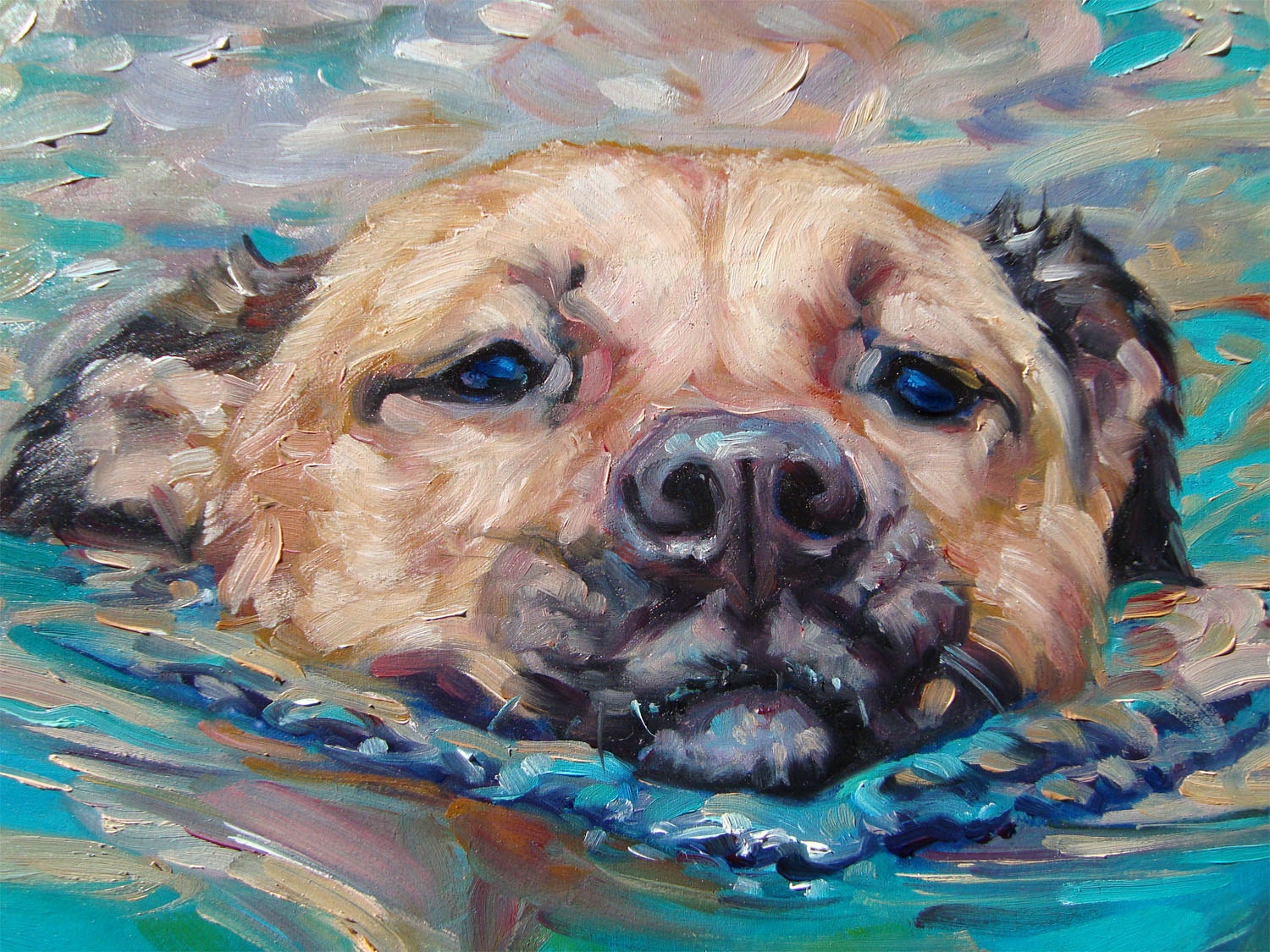 Swimming Dog Extraordinaire, CUSTOM Pet Portrait Oil Painting by puci, 10x10"