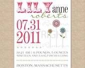 Personalized Birth Announcement Art Print, Style: Mod Flowers - 8 x 10