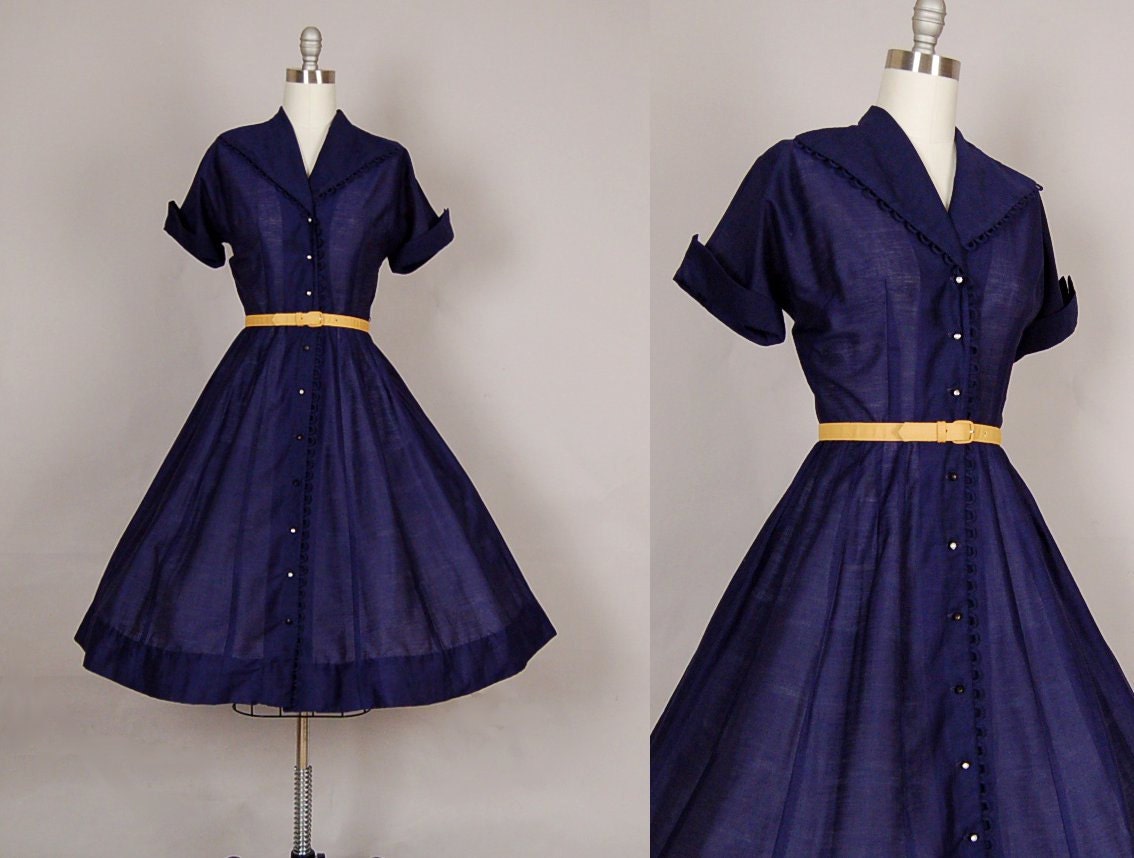 vintage 1950s dress 50s dress full skirt cotton navy blue rhinestone sheer day dress