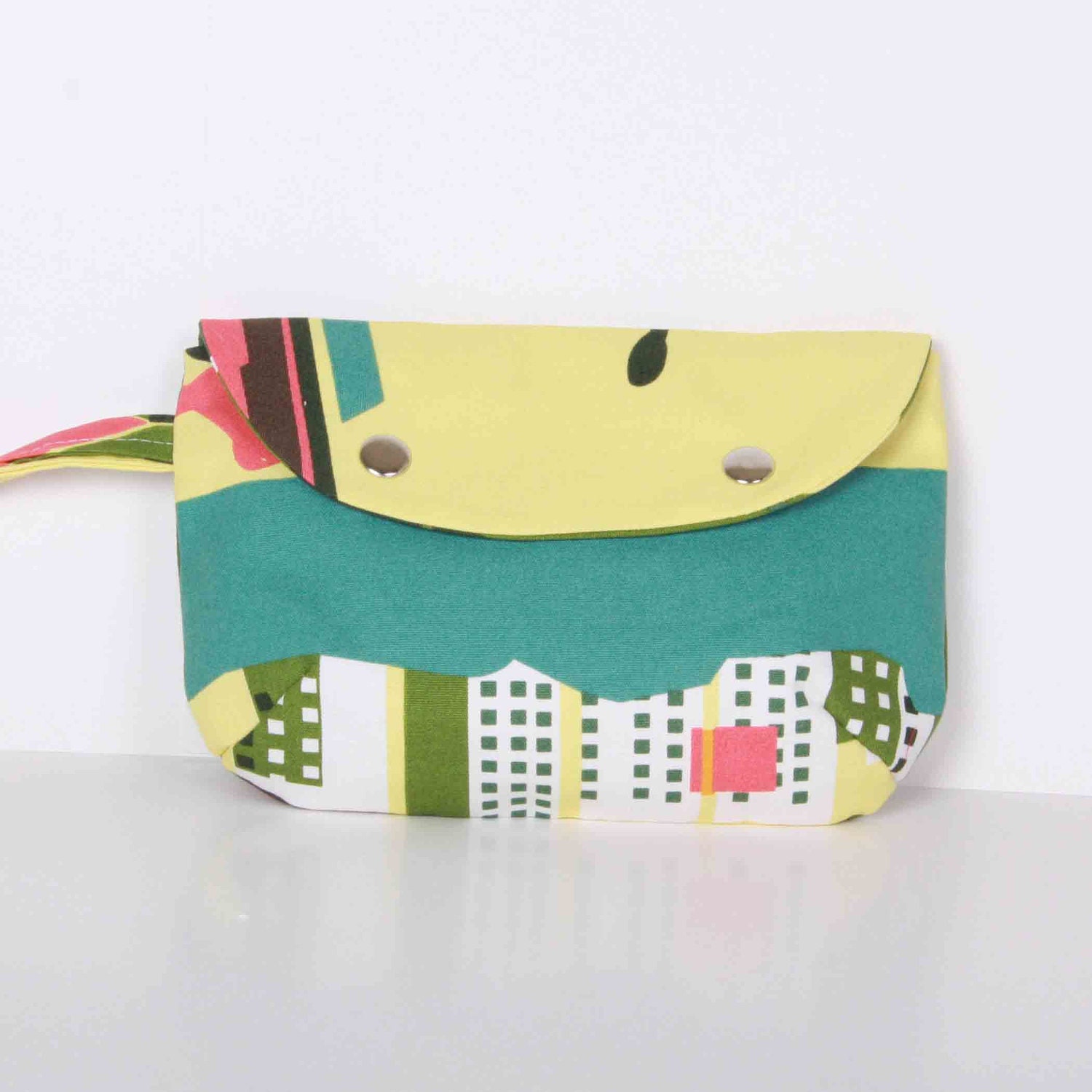 Clutch , Pouch ,Yellow green.. canvas with Cream lining