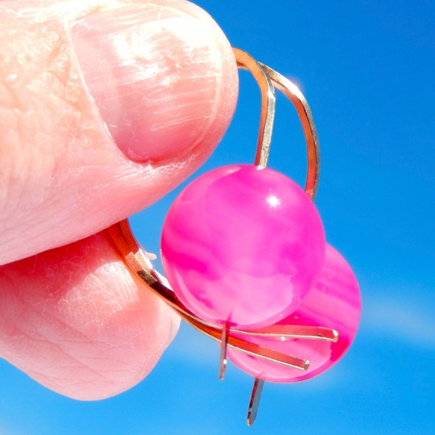 CASSIE. Hot Pink banded agate stone and solid gold filled wire earrings