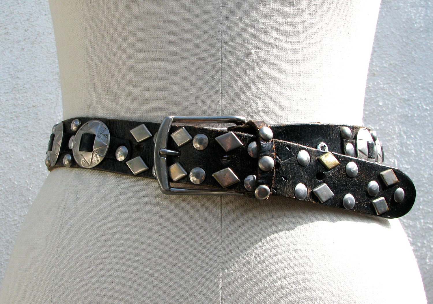 Reserved for 1733fang 1980s Black Leather Biker Belt, Heavy Metal, Silver Stars