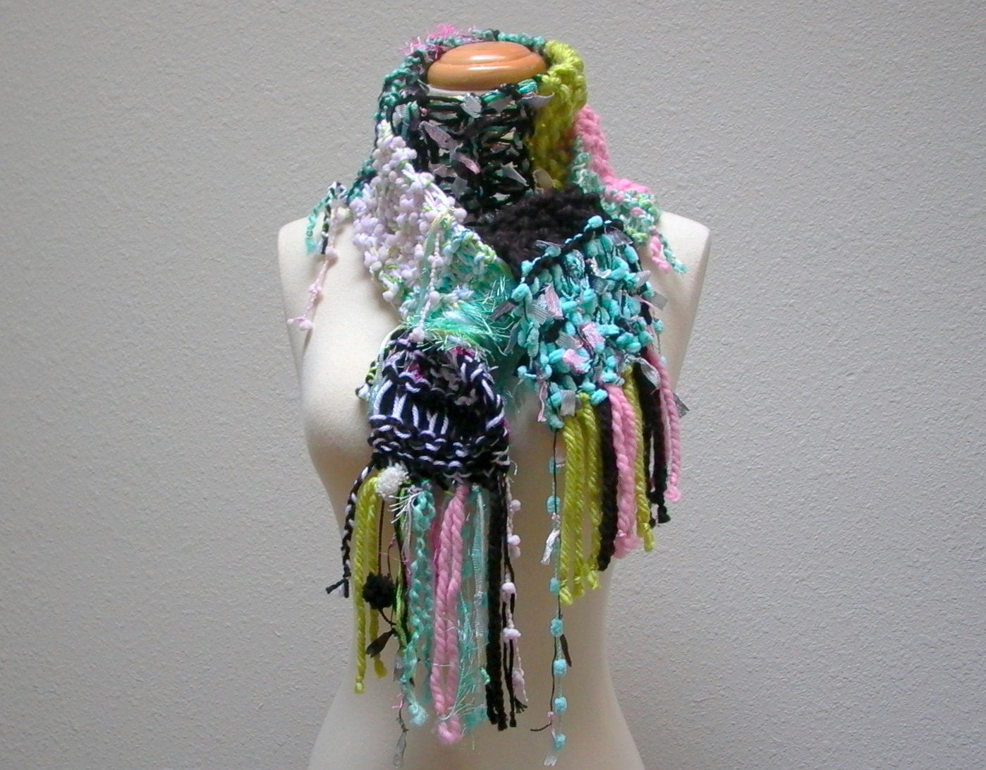 pomp and circumstances. hand knitted scarf . whimsical kitsch chunky warm winter accessories knitwear . pom poms aqua pink lime black white