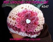 Crochet Pattern, hat ,num. 247 pdf  GIRLY PINK HAT, 4 Flower Embellishments, made with Sport weight yarn, Sizes Newborn to 3 years
