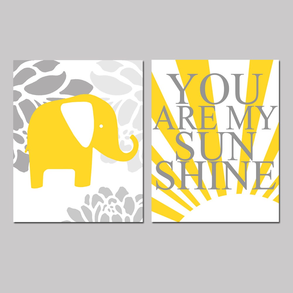 Sunshine Elephant - Set of Two 8x10 Prints - You Are My Sunshine and Floral Elephant - Choose Your Colors - Shown in Yellow, Gray and More