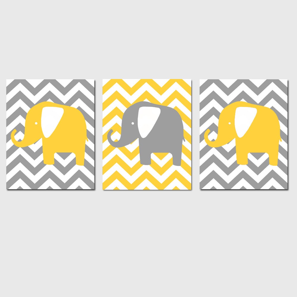 Modern Chevron Elephant Trio - Set of Three 11x14 Chevron Zig Zag Prints - Choose Your Colors - Shown in Gray, Yellow, Aqua, and More