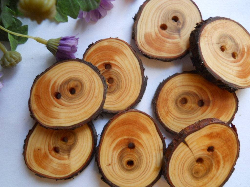 8 Wooden Buttons Tree Branch Buttons - 1 3/4 & 1 1/2 Inch 44 x 38 mm Beautiful Northern Cedar Wood .. 2 holes...OOAK for Fiber Projects