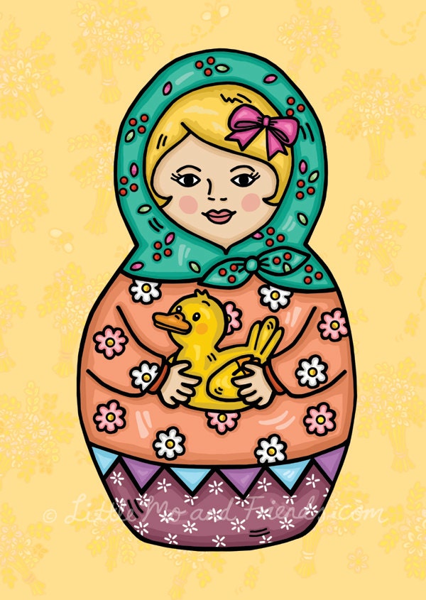 Duck and Babushka Mo Art Print - 5 x 7 inches by Helena Tay, hand drawn matryoshka doll with pet duck