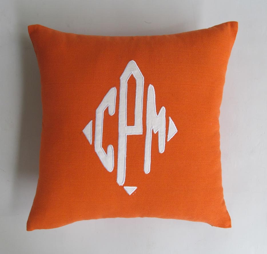 diamond monogram pillow 18 inch orange and white - custom made