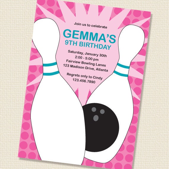 Pink Bowling Party Invitation Birthday Printable Personalized (Digital File) Il_570xn