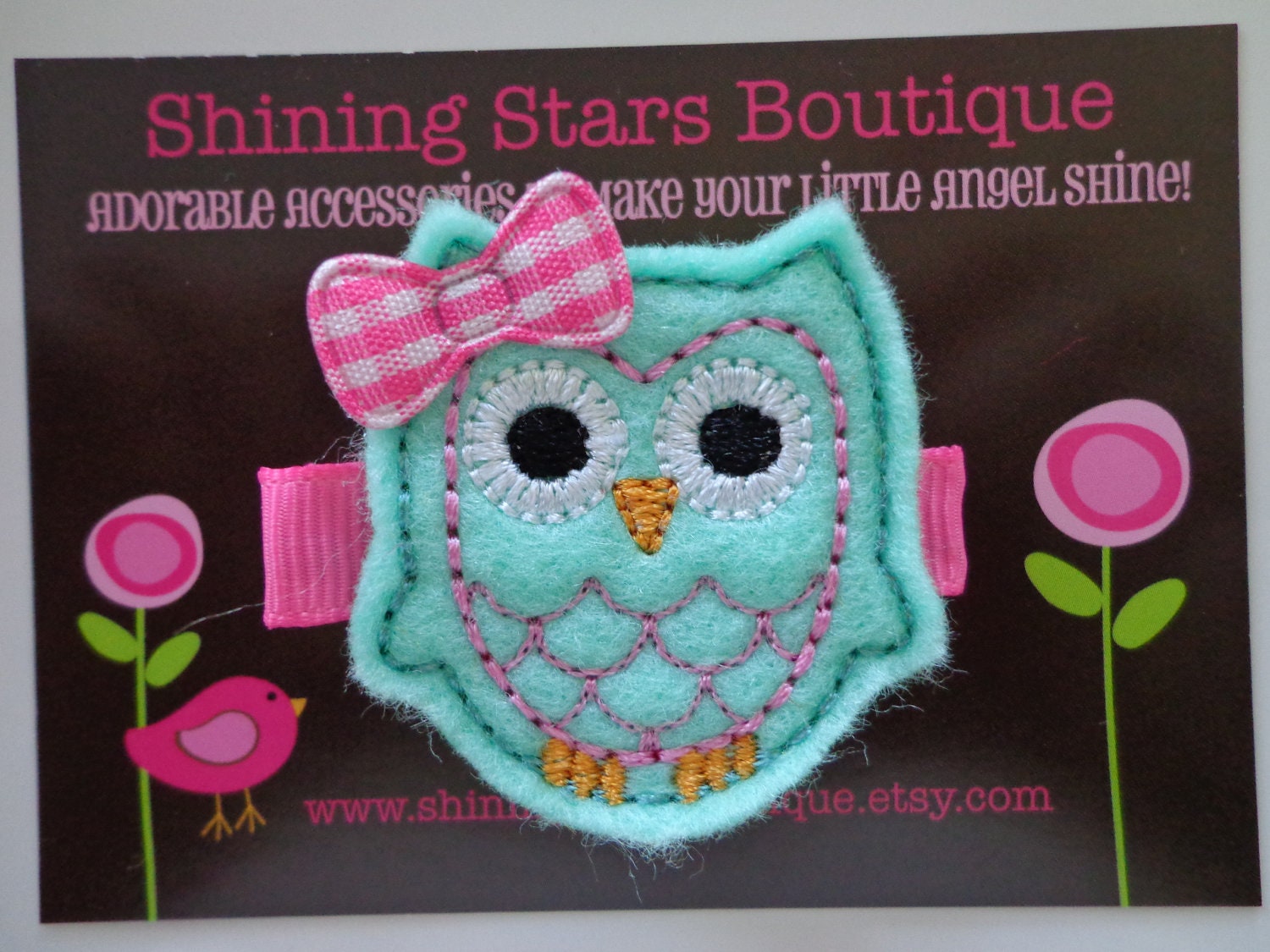 Hair Accessories - Felt Hair Clips - Mint Green And Hot Pink Embroidered Felt Owl Hair Clippie For Girls - Cute Headband Accessory