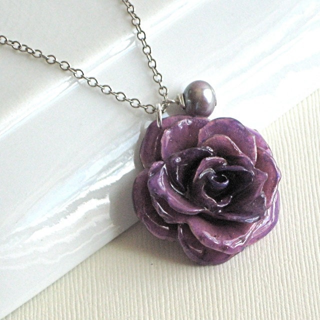 Purple Preserved Rose Necklace/Sterling Silver - Natural, Real Flower Jewelry