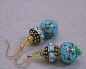 Vintage Blue Green Pink Black Japanese Picasso Lucite Bead Earrings, Chinese Turquoise, German Aqua Inlaid Glass