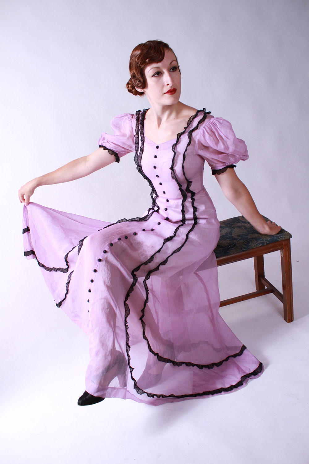 Vintage 1930s Dress - Garden Party Dress in Purple Organdy