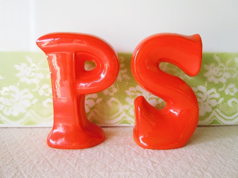 Vintage 1960s Salt and Pepper Shakers Retro Orange Letters P S Initials