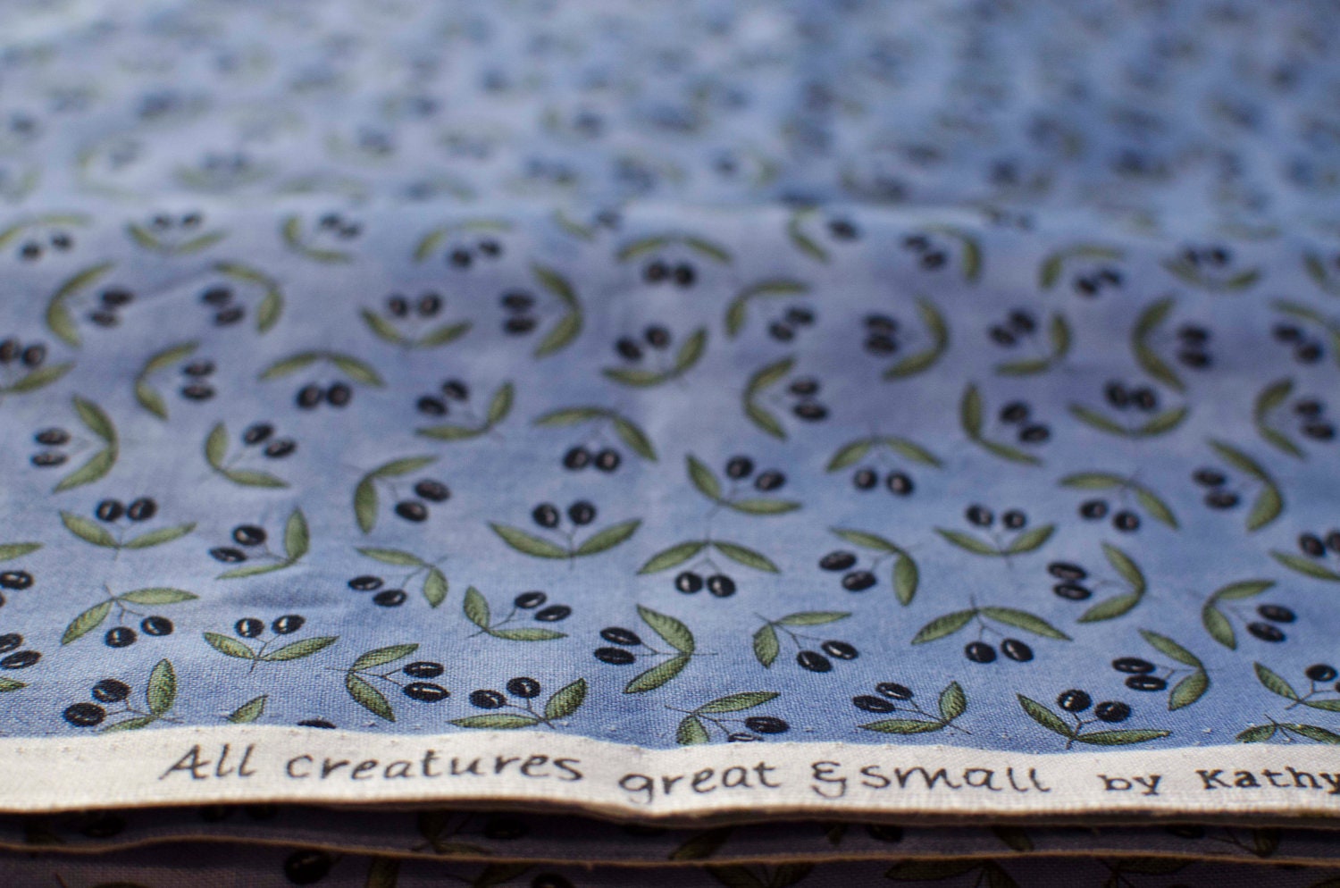 Fabric - All Creatures Great and Small Olives - Blue Quilt Fabric