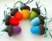 Rainbow Birthday ornaments Felted Acorns wool  with chocolate brown hats Set of 7 crochet gift decoration garland Weddings party