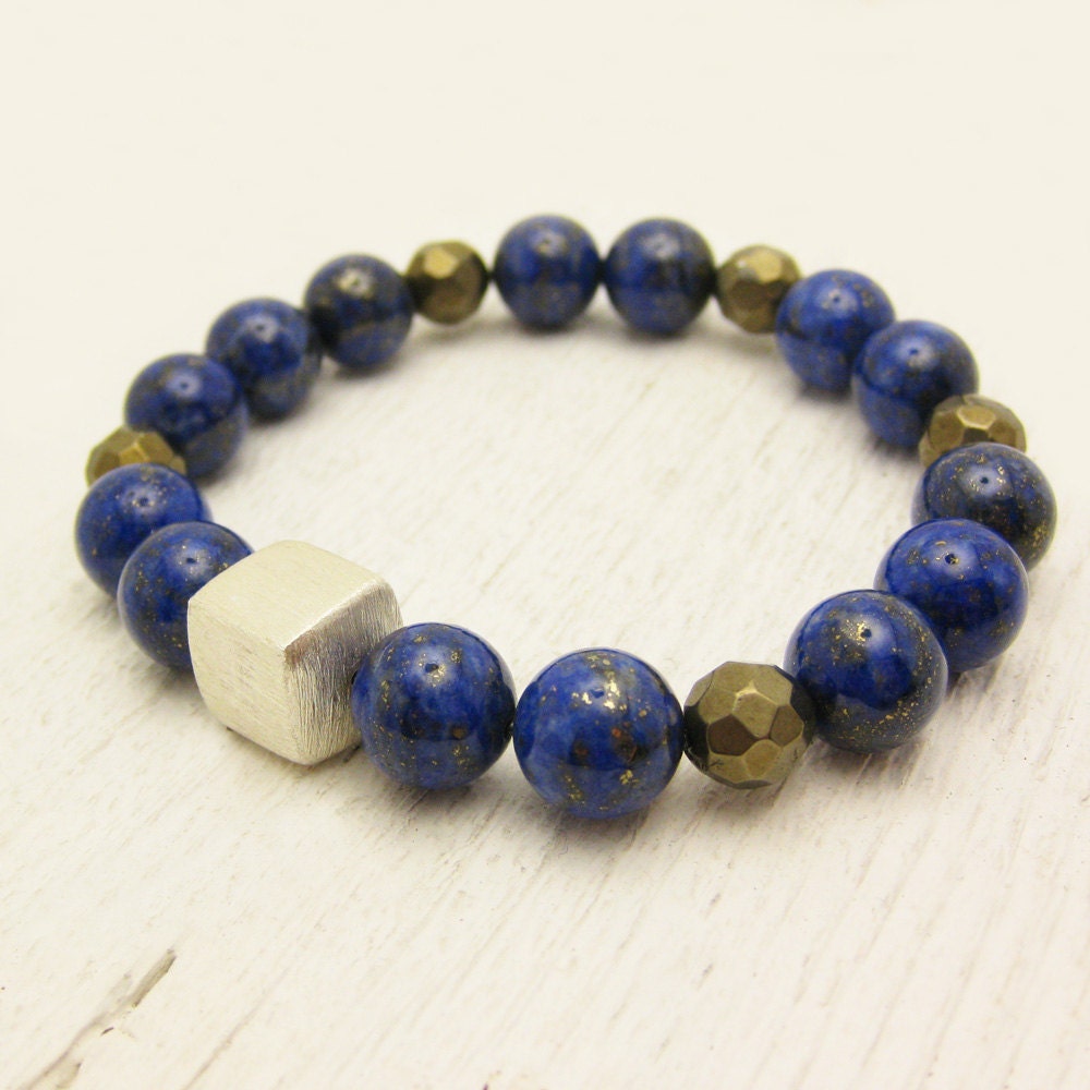 Lapis Lazuli Pyrite Bracelet "Dream of Stars in the Night Sky" / fools gold natural gemstones sterling silver / bohemian fall fashion