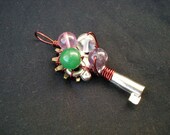 Wire Wrapped STEAMPUNK PENDANT - Key to the Elements with Key, Cog, Crystals and Copper Wire - Dress Up - Gift - Fashion - Fun