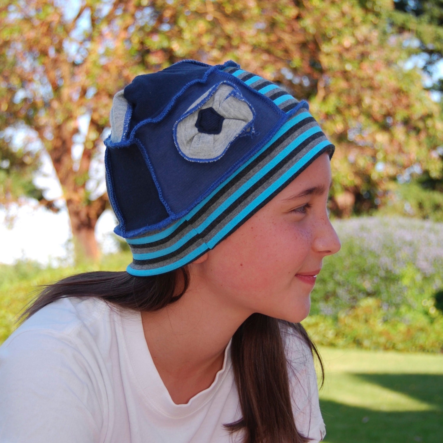 Flower Hat for Kids in Blue and Cloud Grey Stripes - Upcycled - OOAK
