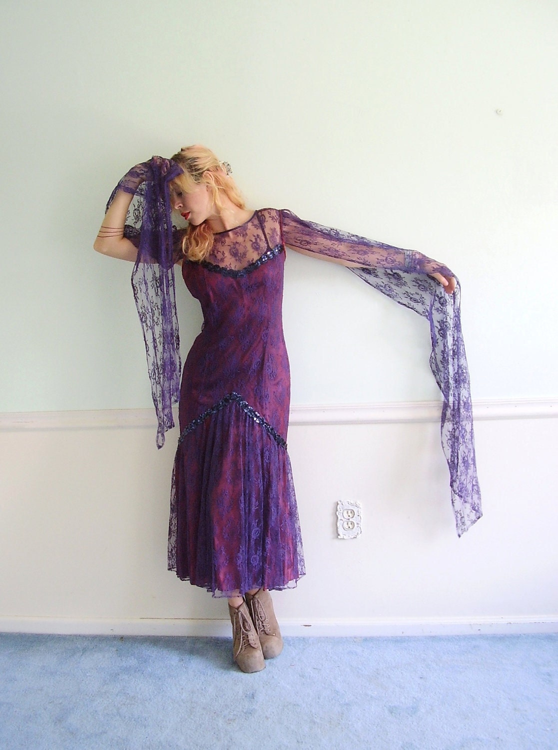 Purple Lace Witch Vampire Maxi Dress - Vintage 80s - XS S - Gunne Sax ...