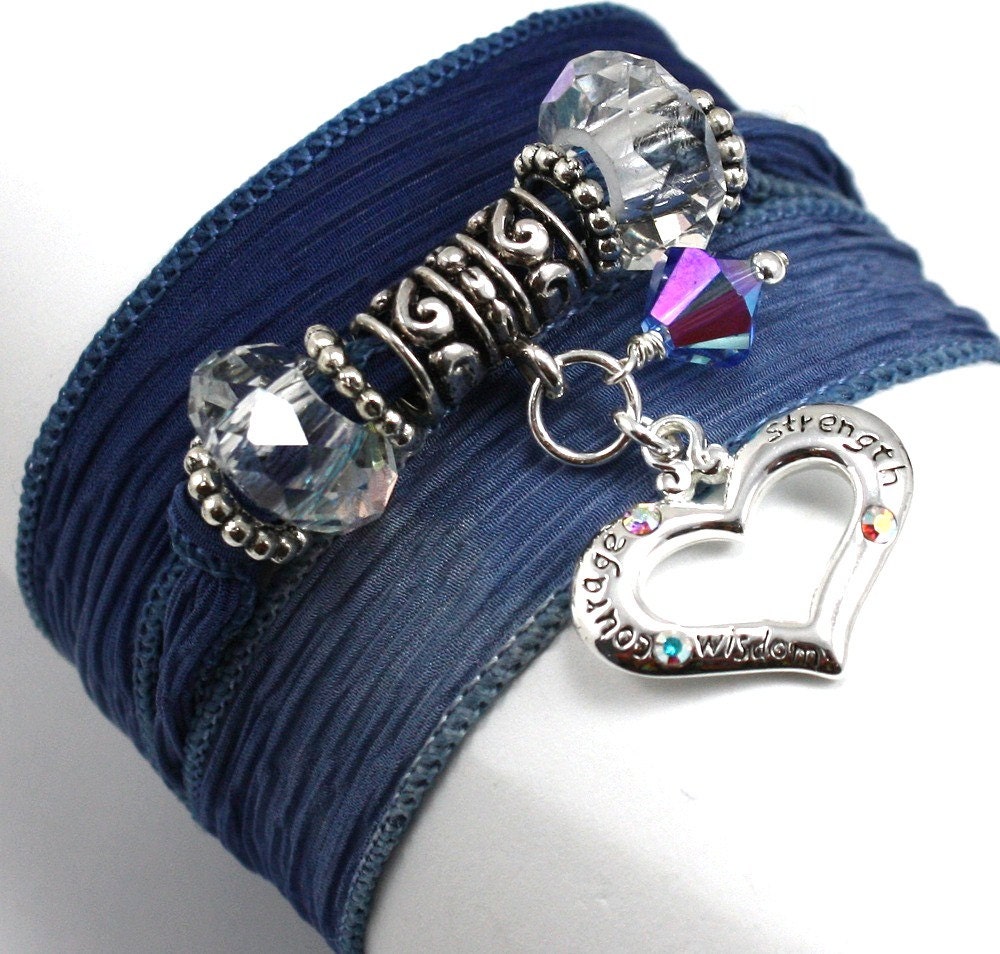Silk Wrap Recovery AA 12-Step Bracelet-Denim Blue with Heart Charm Inscribed with "Strength,Courage, Wisdom."